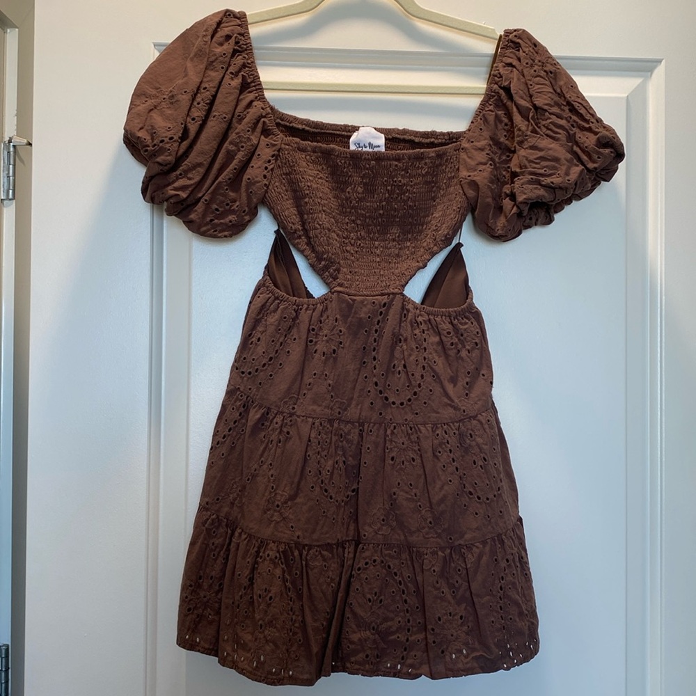 Mocha Puff Sleeve Cutout Mini Dress